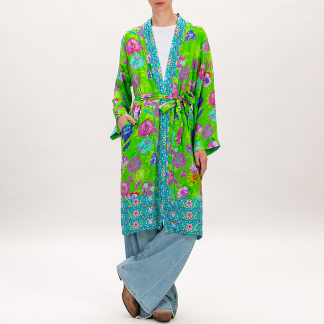 Wu'side-Kimono fantasia fiori con cintura - verde/ciclamino/viola