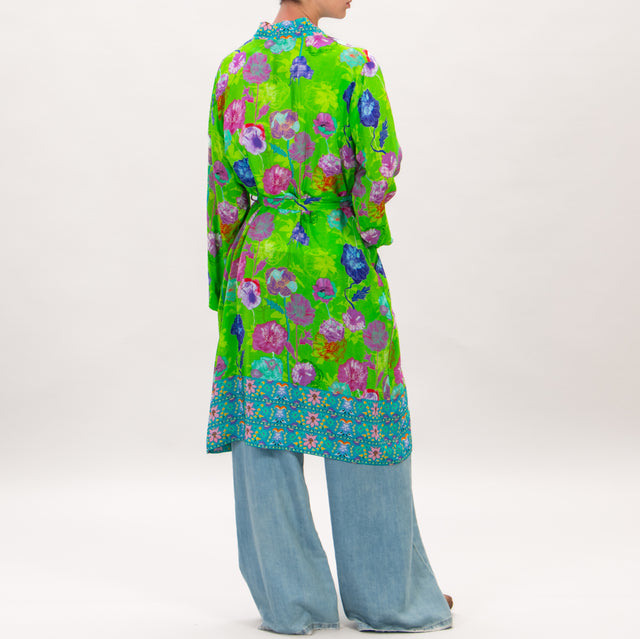 Wu'side-Kimono fantasia fiori con cintura - verde/ciclamino/viola