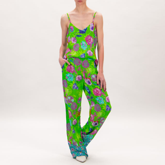 Wu'side-Pantalone fantasia fiori elastico dietro - verde/ciclamino/viola