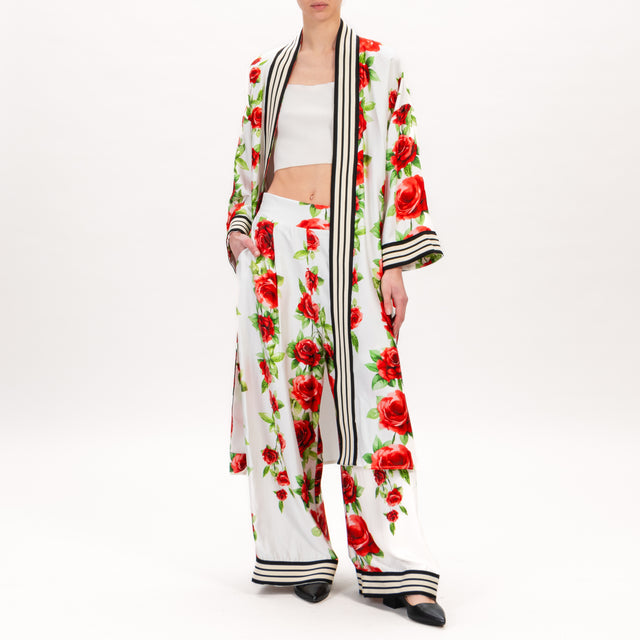 Tensione in-Kimono fantasia fiori con banda - latte/rosso/nero