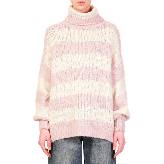 Zeroassoluto-Maglia mohair collo alto a righe - rosa/burro