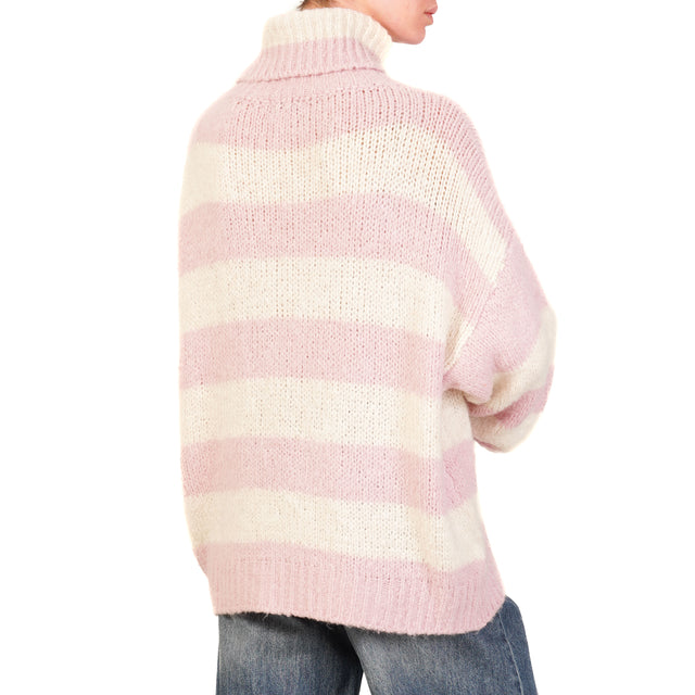 Zeroassoluto-Maglia mohair collo alto a righe - rosa/burro