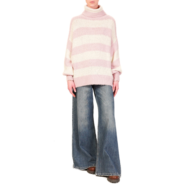 Zeroassoluto-Maglia mohair collo alto a righe - rosa/burro