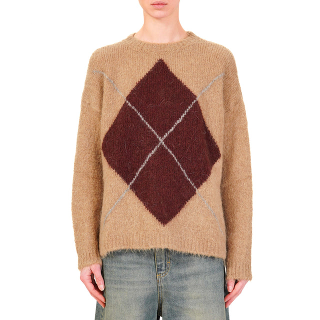 Haveone-Maglia mohair girocollo con rombo - cammello/bordeaux/grigio