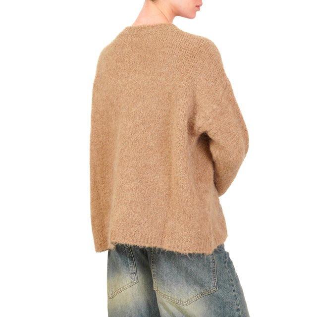 Haveone-Maglia mohair girocollo con rombo - cammello/bordeaux/grigio