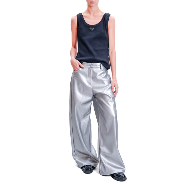 Tensione in-Pantalone GIUSI wide leg similpelle - laminato argento