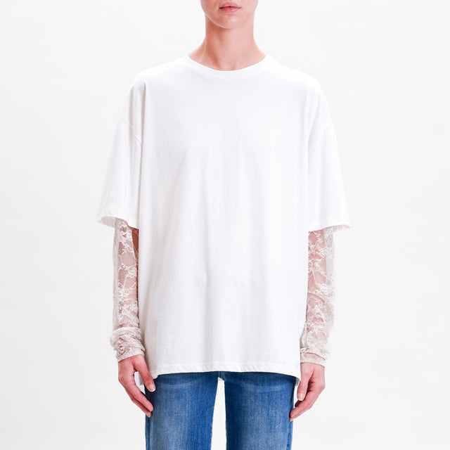 Vicolo-T-shirt over manica in pizzo - bianco/sand