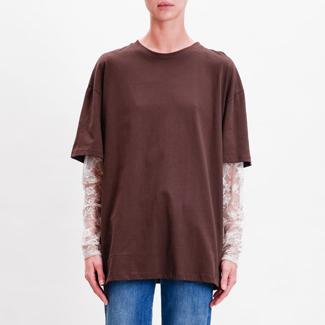 Vicolo-T-shirt over manica in pizzo - caffe'/sand