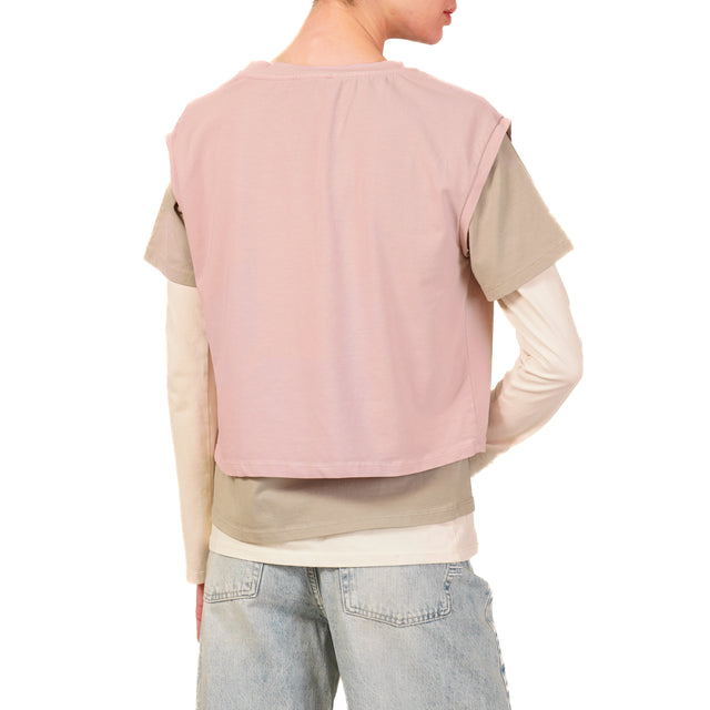 Zeroassoluto-Set tre t-shirt in jersey elasticizzato - rosa/taupe/burro