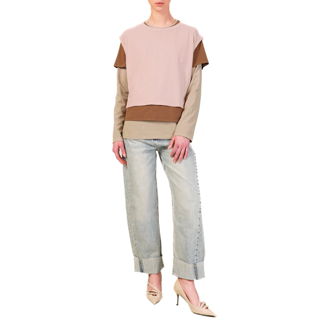 Zeroassoluto-Set tre t-shirt in jersey elasticizzato - rosa/moka/taupe