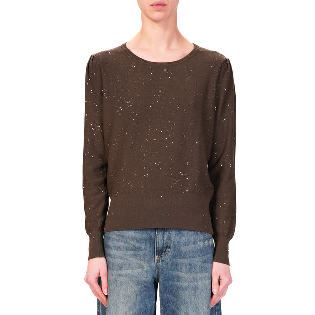 Haveone-Maglia girocollo con micro paillettes - moro