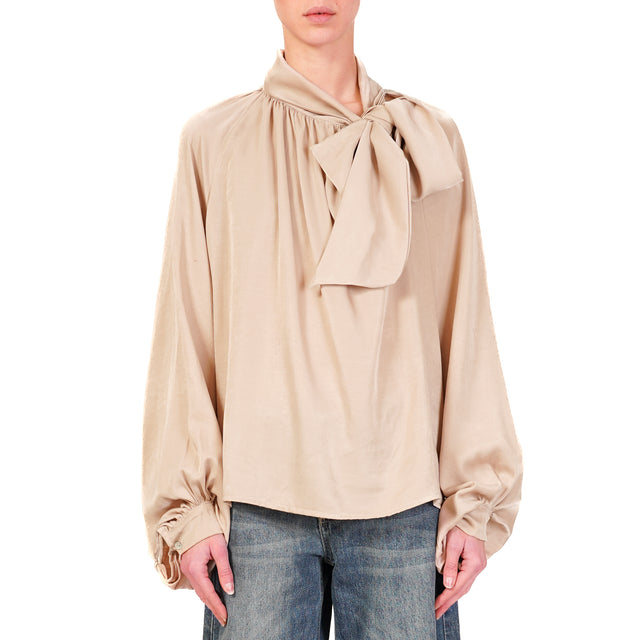 Haveone-Balloon Sleeve Shirt with Bow - Sand