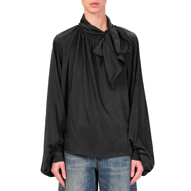 Haveone-Balloon Sleeve Shirt with Bow - Black