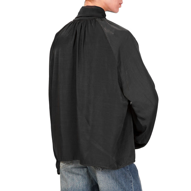 Haveone-Balloon Sleeve Shirt with Bow - Black