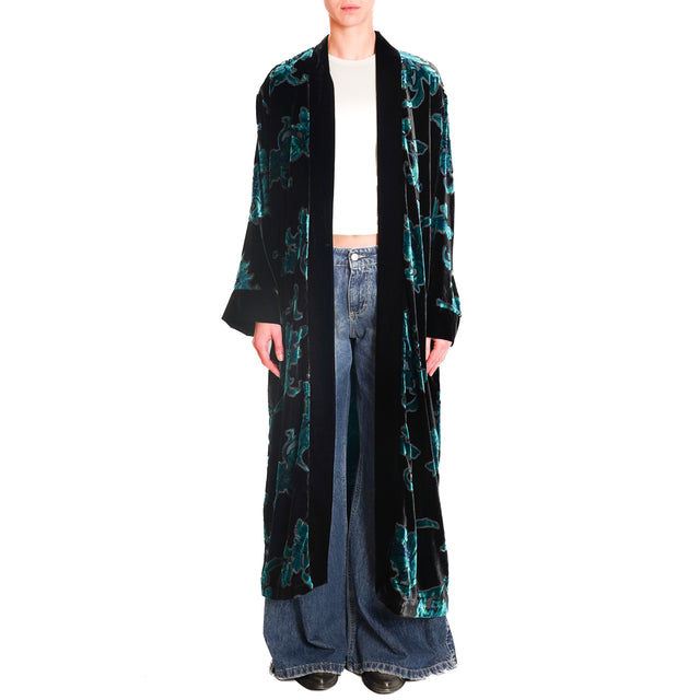 Wu'side-Long devorè velvet kimono - teal/black