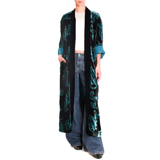 Wu'side-Long devorè velvet kimono - teal/black