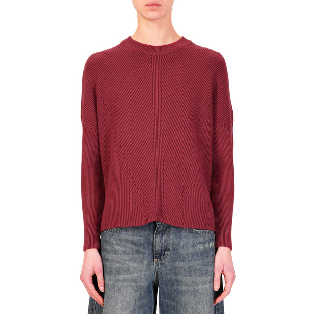 Haveone-Ribbed Crewneck Sweater - Bordeaux