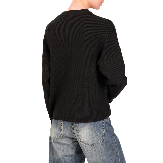 Haveone-Ribbed Crewneck Sweater - Black