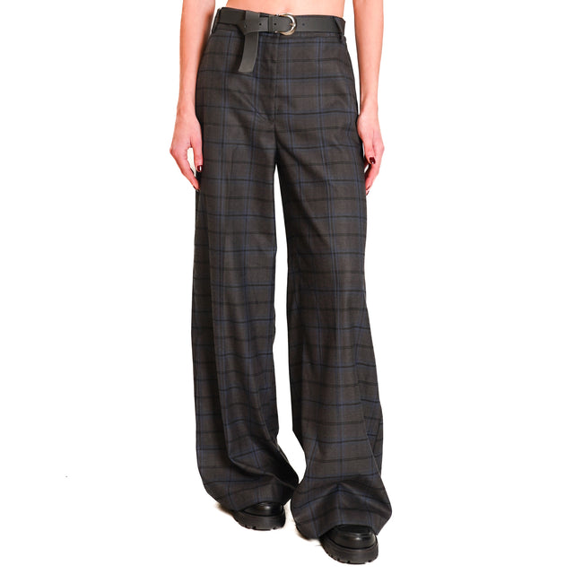 Motel-Check Trousers with Belt - Anthracite/Light Blue/Beige