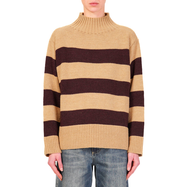 Tensione in-Maglia a righe misto alpaca - camel/bordeaux