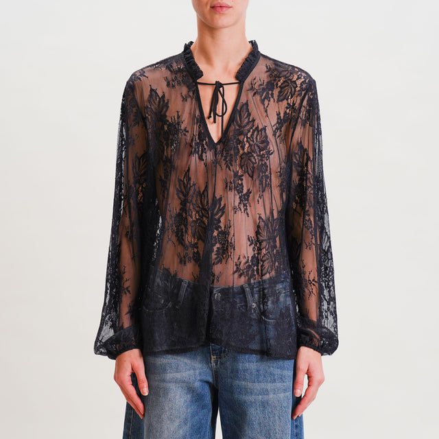 Dixie-Blusa scollo v in pizzo - nero