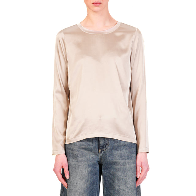 Dixie-Blusa in satin elasticizzato manica lunga - taupe