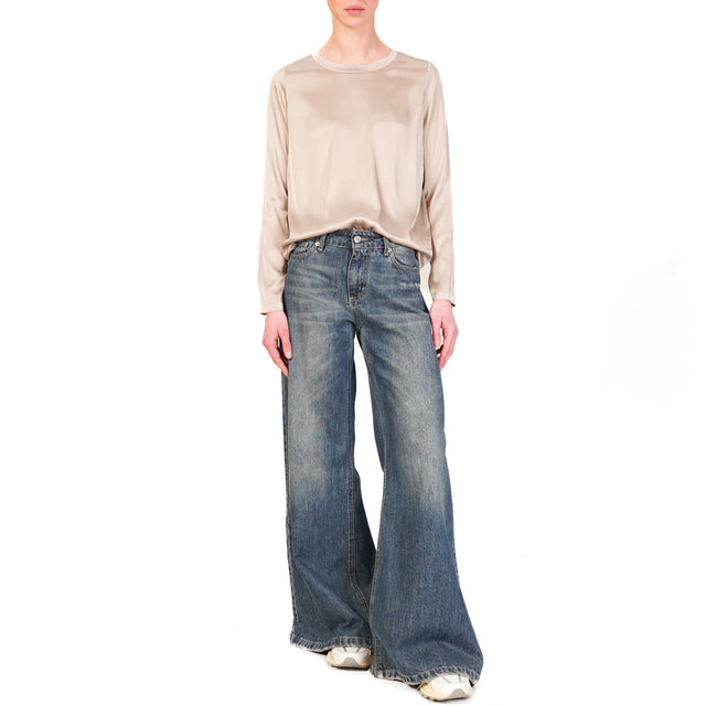 Dixie-Blusa in satin elasticizzato manica lunga - taupe