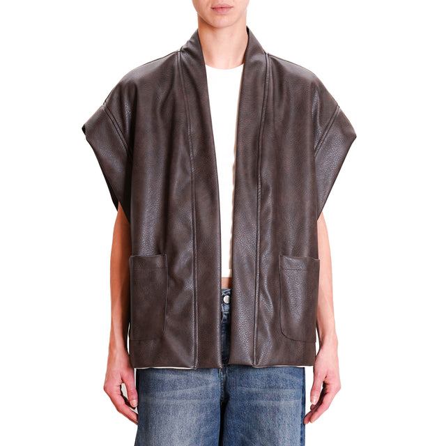 Dixie-Leatherette Vest with Pockets - Dark Brown