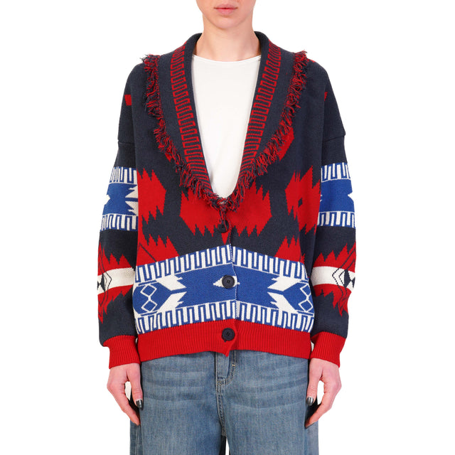 Dixie-Cardigan jaquard con frange - blu/rosso/bianco