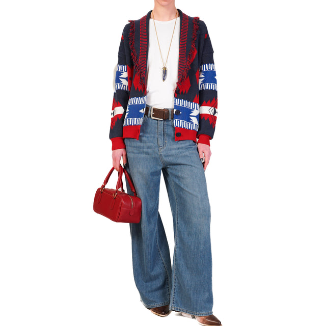 Dixie-Cardigan jaquard con frange - blu/rosso/bianco