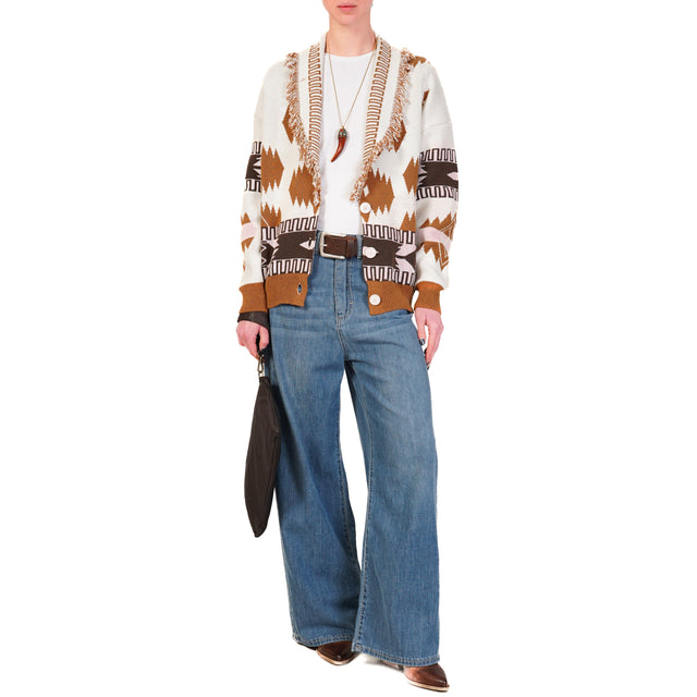 Dixie-Cardigan jaquard con frange - latte/rosa/cuoio
