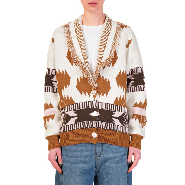 Dixie-Cardigan jaquard con frange - latte/rosa/cuoio