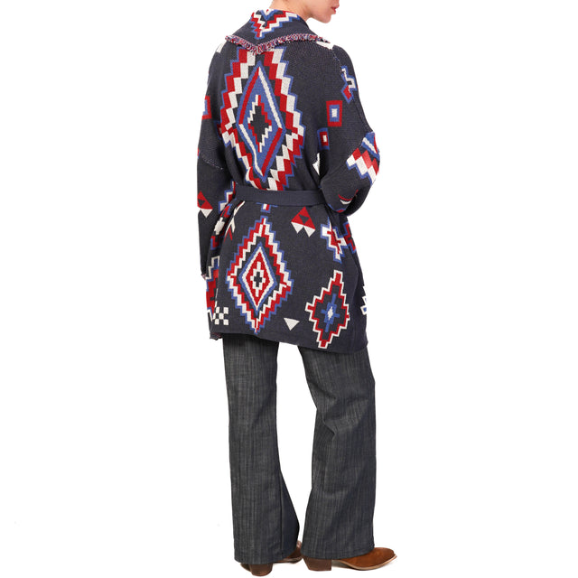 Dixie-Cardigan jaquard con cintura - blu/rosso/bianco