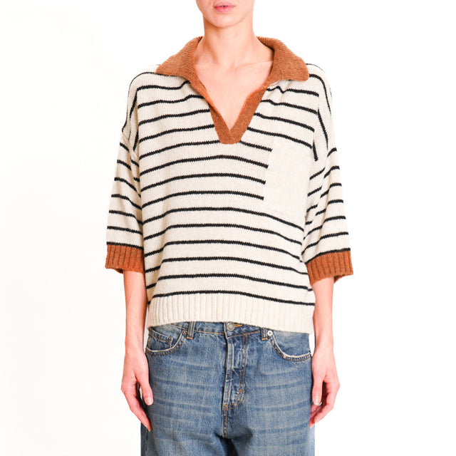 Dixie-Striped Wool Blend Polo Neck Sweater - Tan/Cream/Black