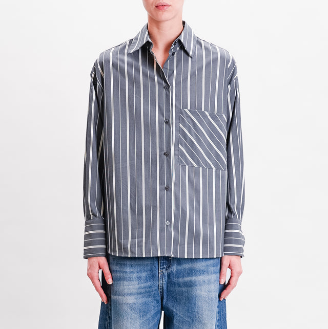 Haveone-Camicia oversize a righe con taschino - grigio