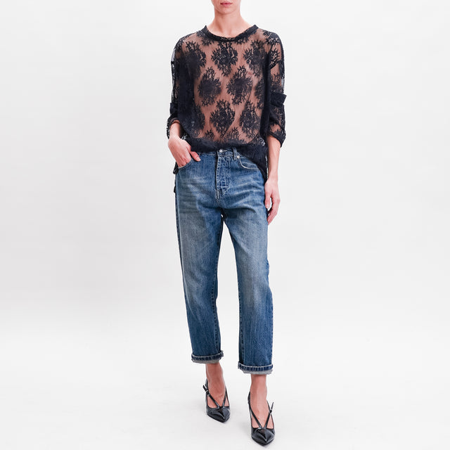 Haveone-Blusa in pizzo spacchi laterali - nero