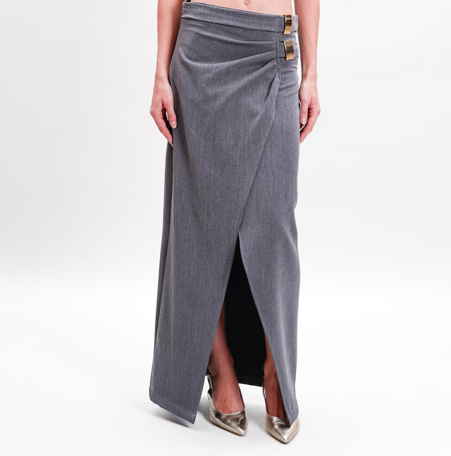 Haveone-Straight Skirt Front Slit Double Buckle - Grey