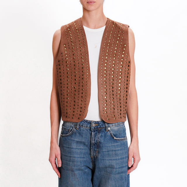 Haveone-Gilet effetto suede con borchie - tabacco