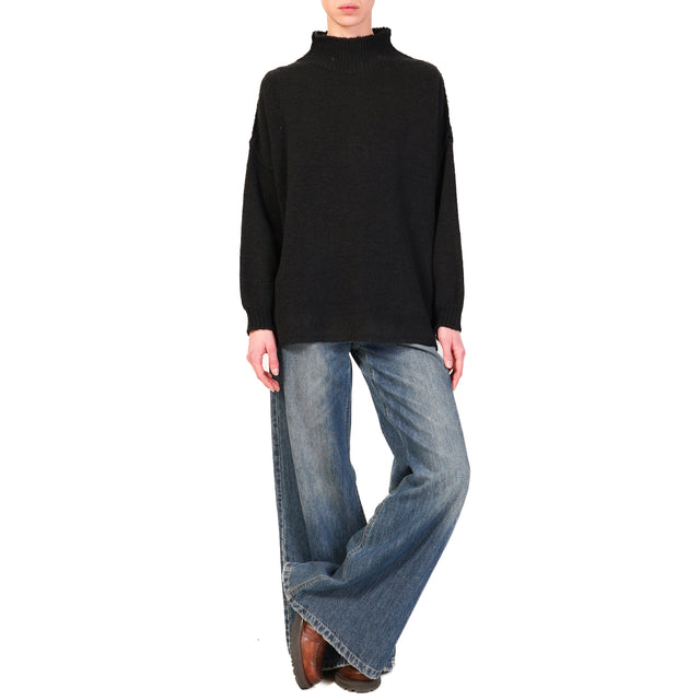 Haveone-Alpaca Blend Mounted Collar Sweater - Black