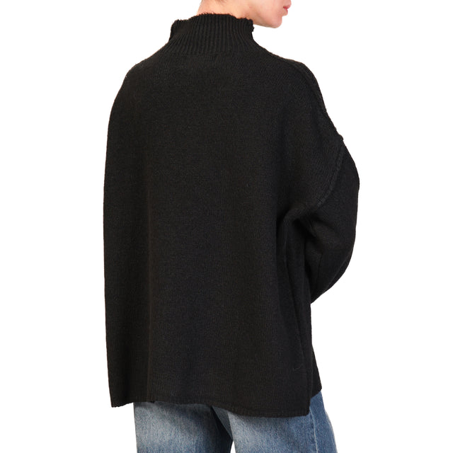 Haveone-Alpaca Blend Mounted Collar Sweater - Black