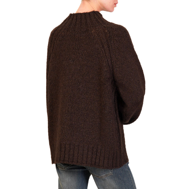 Haveone-Alpaca Blend Crater Neck Sweater - Dark Brown