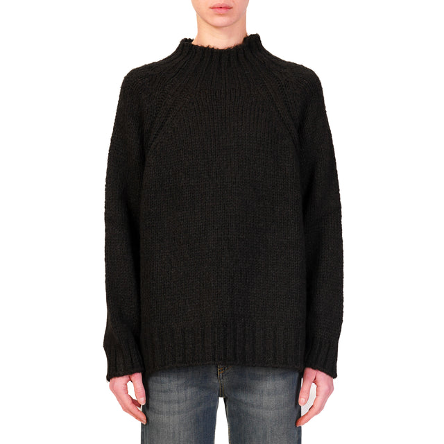 Haveone-Alpaca Blend Crater Neck Sweater - Black