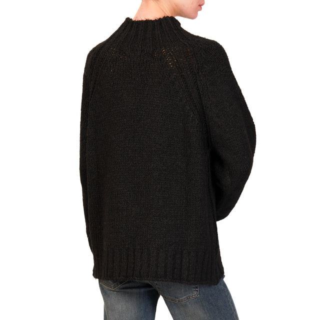 Haveone-Alpaca Blend Crater Neck Sweater - Black