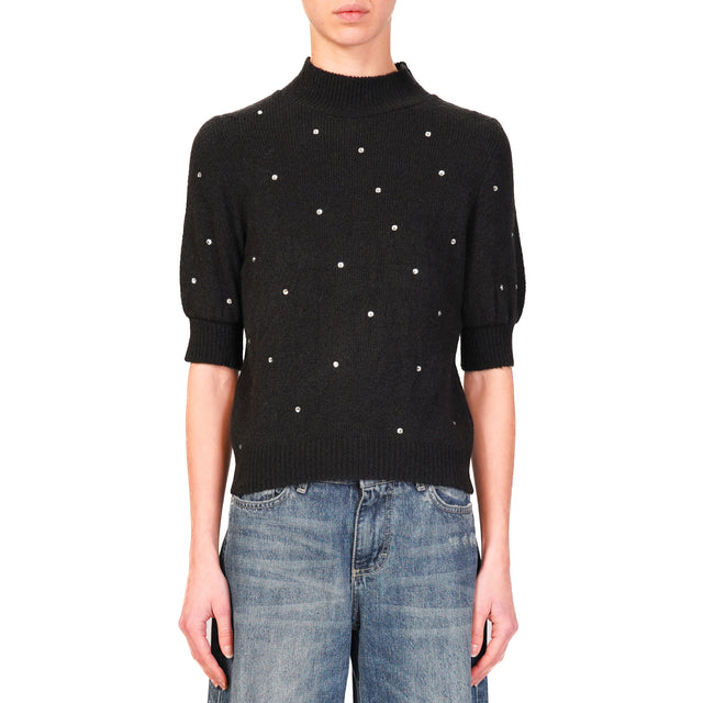 Haveone-Maglia misto lana mezza manica con strass - nero