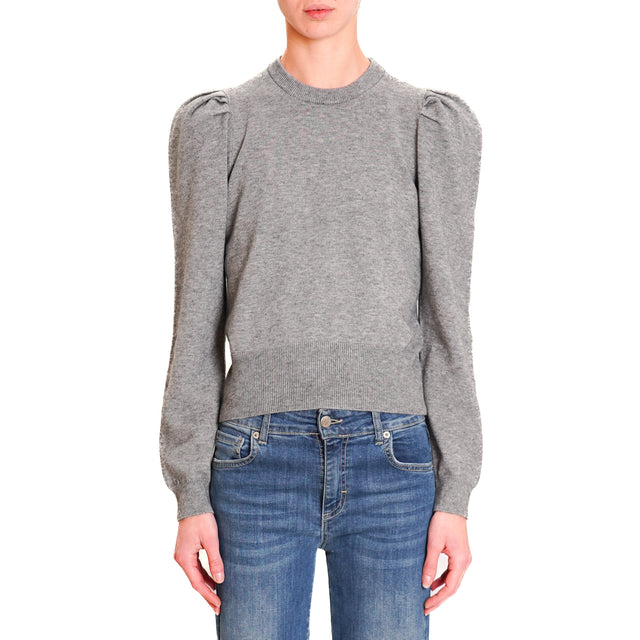 Haveone-Puff Sleeve Crewneck Sweater - Melange Grey