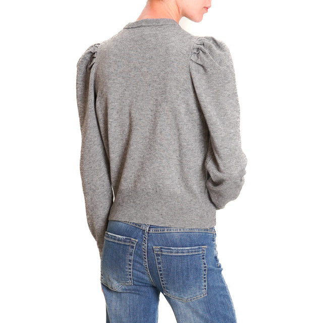 Haveone-Puff Sleeve Crewneck Sweater - Melange Grey