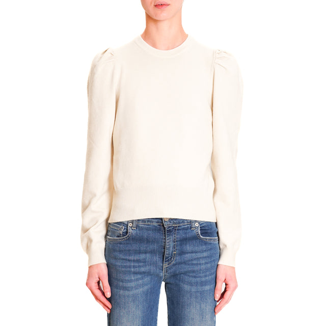 Haveone-Puff Sleeve Crewneck Sweater - Cream