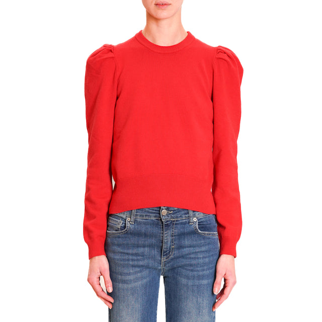 Haveone-Puff Sleeve Crewneck Sweater - Red