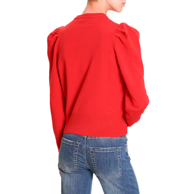 Haveone-Puff Sleeve Crewneck Sweater - Red