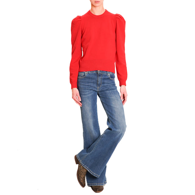 Haveone-Puff Sleeve Crewneck Sweater - Red